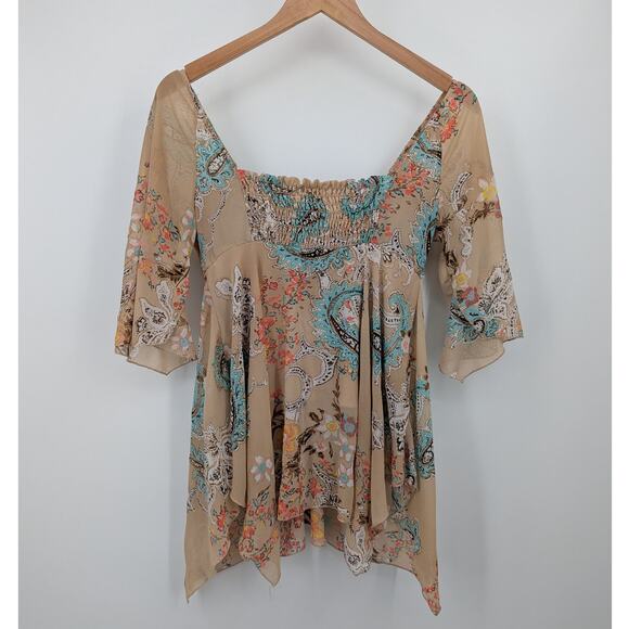 No Boundaries Boho Peasant Blouse Small Juniors S Beige Paisley Sheer Flowy Top - Picture 2 of 3
